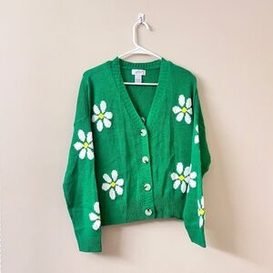 Just Polly Juniors' Daisy Button-Up Cardigan Sweater (Green) Size M